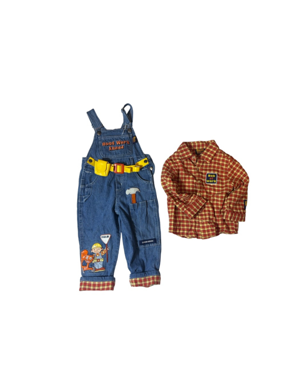 Vintage Bob the Builder 2T Denim Overalls Shirt Set Tool Belt Road Work Ahead